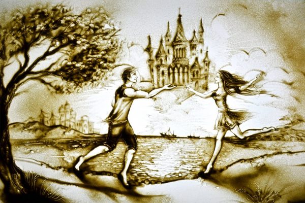 Sandmalerei live bei einer Hochzeit – kunstvolle Darstellung in Sand